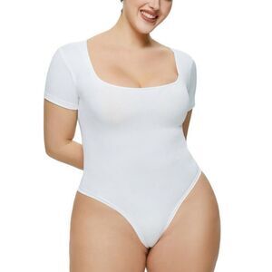 AND NOW THIS Bodysuit Women's XL White Square-Neck Cap Short-Sleeve Stretch‎